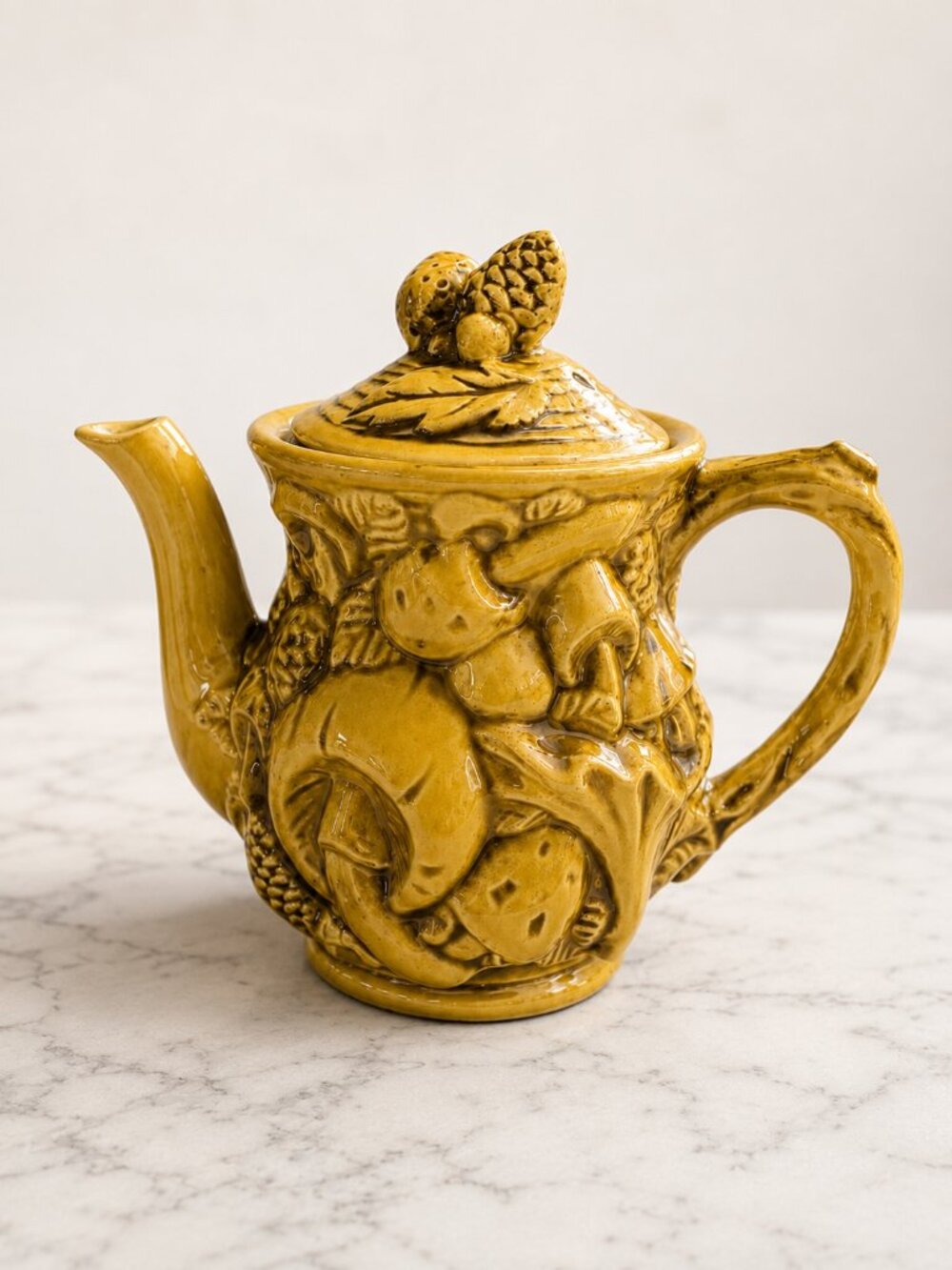 Vintage 1970s Japan Mushroom Pine Cone Teapot Mustard Yellow Ceramic Kitsch